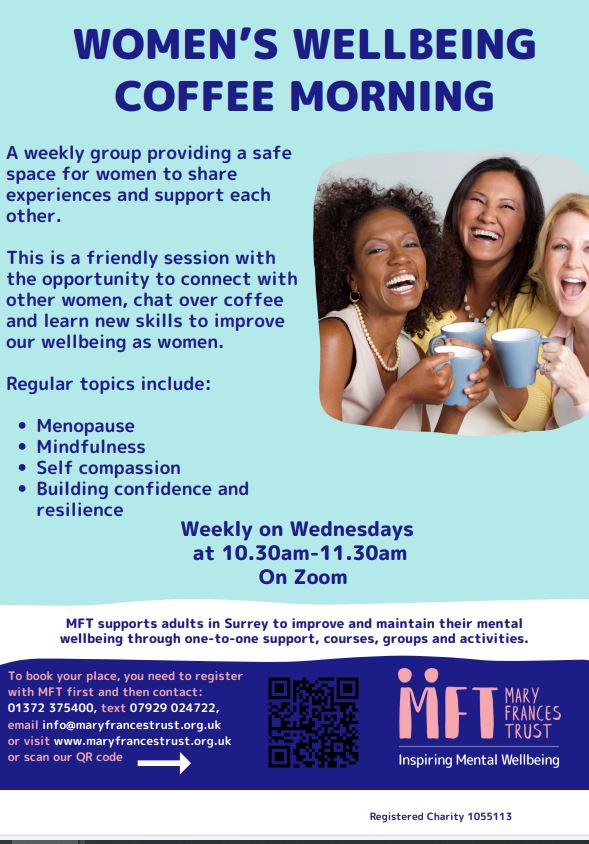 Join <a href="/MaryFrancesTrst/">Mary Frances Trust</a> for a #WomensWellbeing coffee morning on Zoom ☕👩

This is a friendly session to connect, chat over coffee &amp; learn new skills to improve #wellbeing.

⏰Weds, 10:30am to 11:30am

📞 01372 375400
📲07929 024722
📧info@maryfrancestrust.org.uk

#Surrey