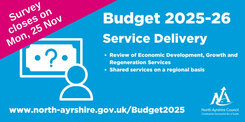 North_Ayrshire's tweet photo. Time is running out for you to have a say in our 2025-26 Budget engagement. 

We're seeking the views of communities across a range of areas ahead of next year's budget. One of those areas focuses on matters related to economic development and shared services.

Please let us know your thoughts before 25 November here: https://t.co/iIwerUV02k

#NACBudget2025