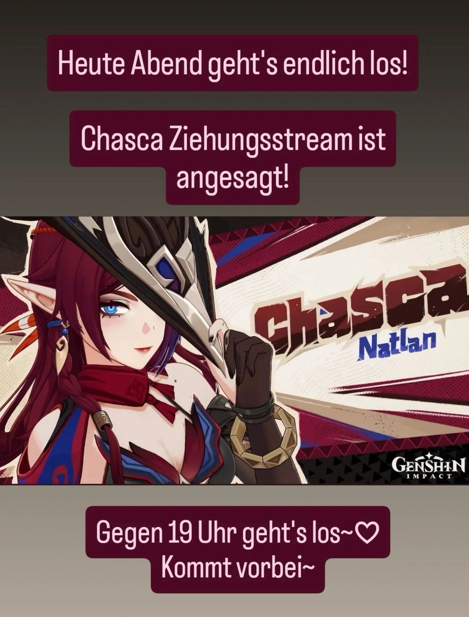 Heute Abend 19 Uhr holen wir uns Chasca (hoffentlich auch mit meinem Gacha Pech 😅)

Kommt vorbei und sendet mir vllt etwas von euren Glück ~♡

twitch.tv/rizu_hime

#Genshin #GERVtuber #streaming #twitchstreamer