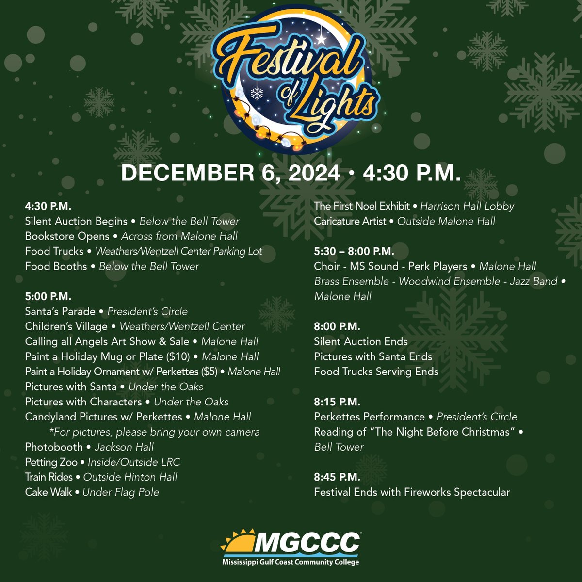 MGCCC is excited to invite you to the annual Festival of Lights!

The Festival of Lights will take place on the Perkinston Campus on 12/6, 4:30pm. Join us for an evening of holiday festivities including pictures with Santa, music performances, arts &amp; crafts, fireworks, and more!