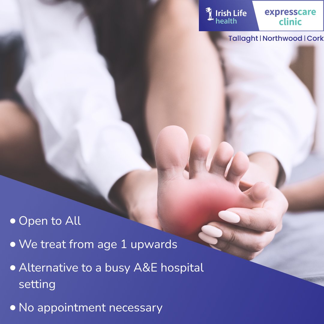 If you are suffering with a foot &amp; ankle injury or any type of minor injury and illness, Irish Life Health ExpressCare clinics will be open 7 days a week.These minor injury and illness clinics are open to all – not just Irish Life Health members!  We treat from age 1 year upwards