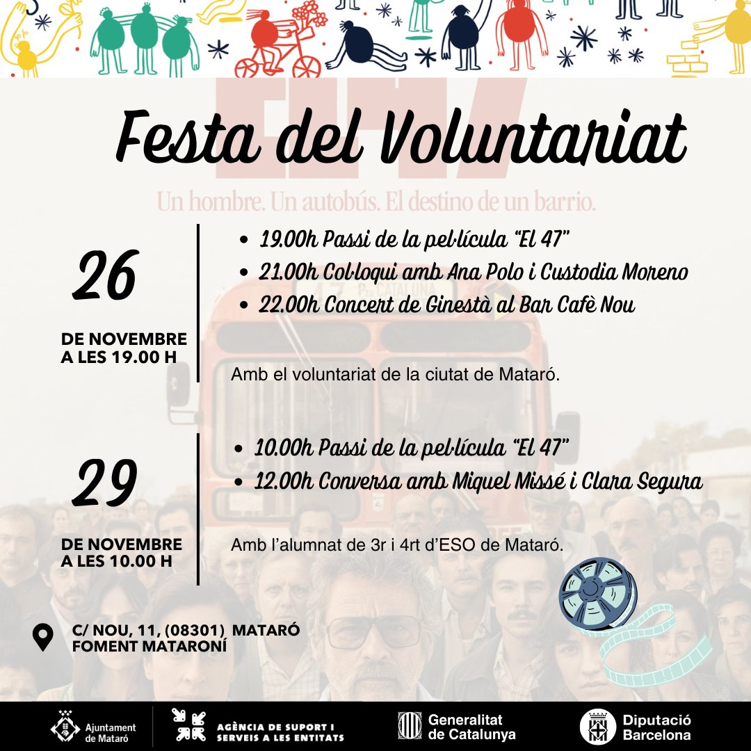 🔊 Nova edició de la Festa del #Voluntariat carregada de novetats!

📽 Projecció de la pel·lícula El 47
✨️ Conversa amb <a href="/anapolo___/">Ana Polo</a> , Custodia Moreno, activista veïnal i personalitats vinculades als moviments socials
🎶Concert de <a href="/ginestaoficial/">Ginestà</a>
➡️+info entitatsmataro.cat