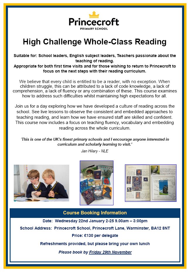 Princecroft Primary (@princecroftpri) on Twitter photo Places available on both our January course and the repeat on 24th April. Contact courses@princecroft.wilts.sch.uk to book. Places available on both our January course and the repeat on 24th April. Contact courses@princecroft.wilts.sch.uk to book.