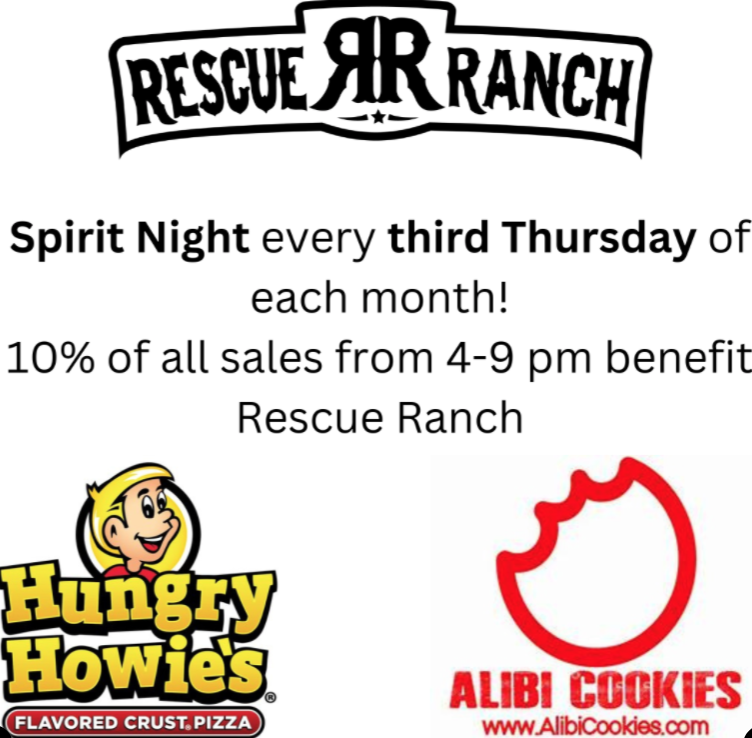 Don't forget, tomorrow is the Rescue Ranch Spirit Night at Hungry Howie's Pizza in Statesville and Cornelius and Alibi Cookies 🍪 in Statesville. From 4-9 we will receive 10% of all sales, including DoorDash &amp; Delivery. 

#hungryhowies #alibicookies #RescueRanch #communitypartner