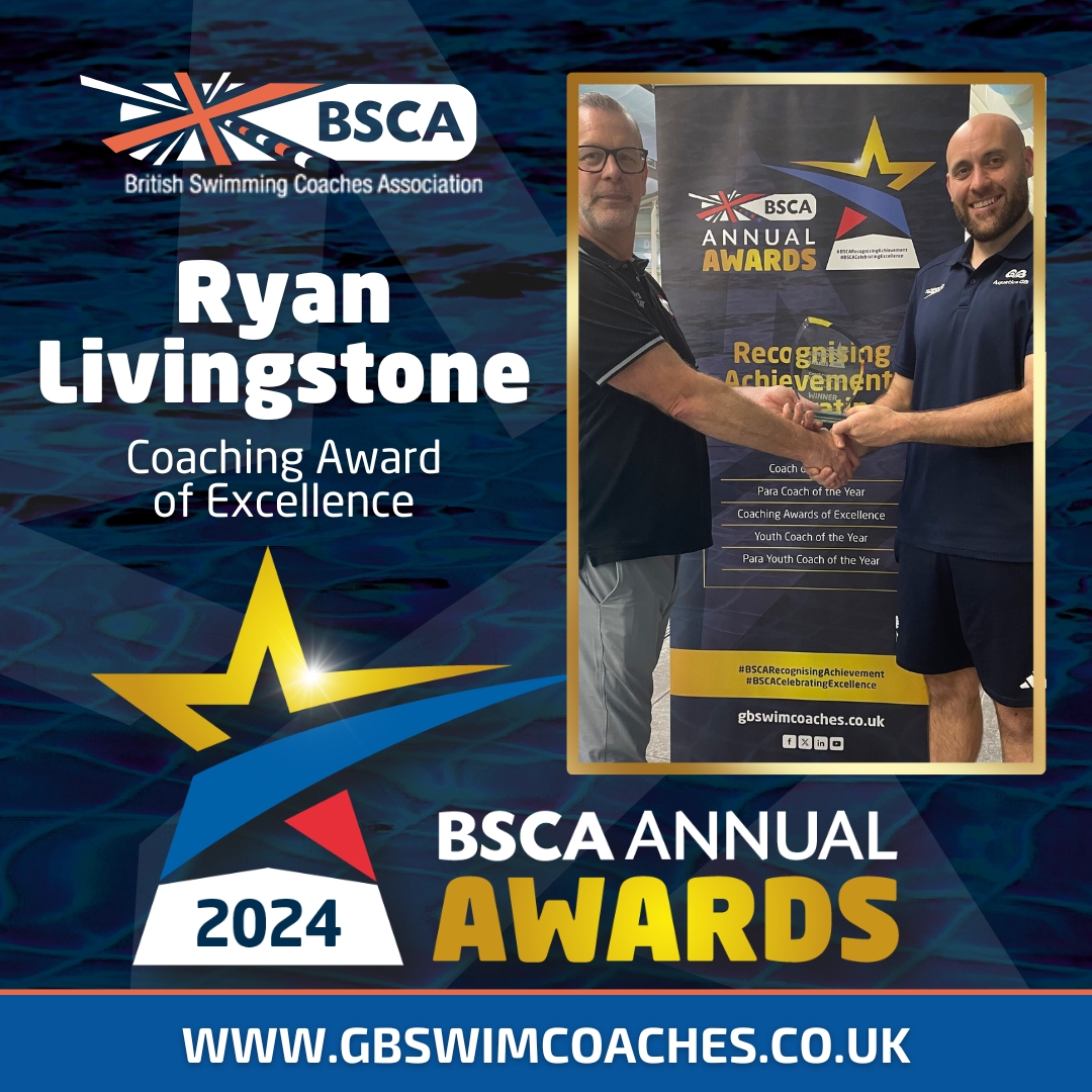 One more BSCA Coaching Award of Excellence 2024 award to announce... and it goes to Ryan Livingstone (Millfield School, now Manchester NPC).

Well done to you Ryan! 🏊🏅

See all of the 2024 BSCA Award Winners so far : gbswimcoaches.co.uk/annual-awards

#BSCACelebratingExcellence