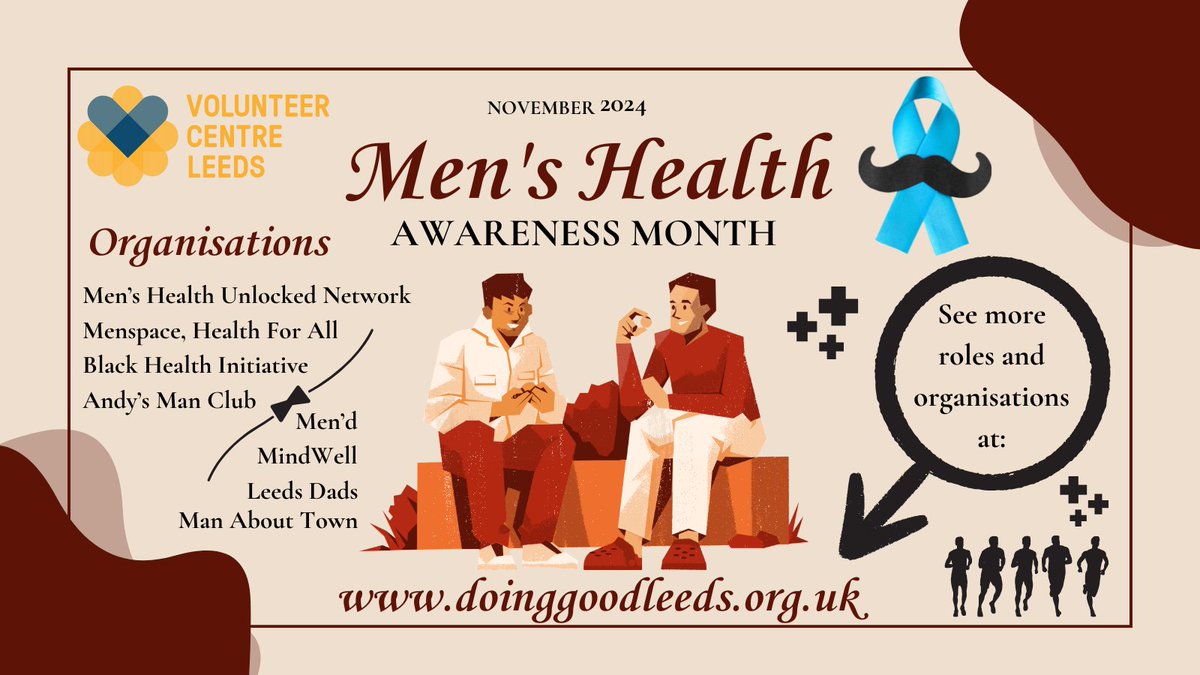 Volunteer Centre Leeds (@volunteerleeds) on Twitter photo It's the middle of #MensHealthAwarenessMonth! ๐งโโ๏ธ
If you want support, or to volunteer in roles aiding men's health, check these organisations out! ๐
<a href="/mhuleeds/">Men's Health Unlocked</a> <a href="/HealthforAllLds/">Health For All</a> <a href="/BHI_LEEDS/">BlackHealthInitiative</a> <a href="/LeedsMensHealth/">Leeds Men's Health</a> <a href="/andysmanclubuk/">#ANDYSMANCLUB</a> <a href="/LeedsMind/">Leeds Mind</a> <a href="/MindWellLeeds/">MindWell</a> <a href="/LeedsDads/">Leeds Dads</a> @clothcatleeds It's the middle of #MensHealthAwarenessMonth! ๐งโโ๏ธ
If you want support, or to volunteer in roles aiding men's health, check these organisations out! ๐
<a href="/mhuleeds/">Men's Health Unlocked</a> <a href="/HealthforAllLds/">Health For All</a> <a href="/BHI_LEEDS/">BlackHealthInitiative</a> <a href="/LeedsMensHealth/">Leeds Men's Health</a> <a href="/andysmanclubuk/">#ANDYSMANCLUB</a> <a href="/LeedsMind/">Leeds Mind</a> <a href="/MindWellLeeds/">MindWell</a> <a href="/LeedsDads/">Leeds Dads</a> @clothcatleeds