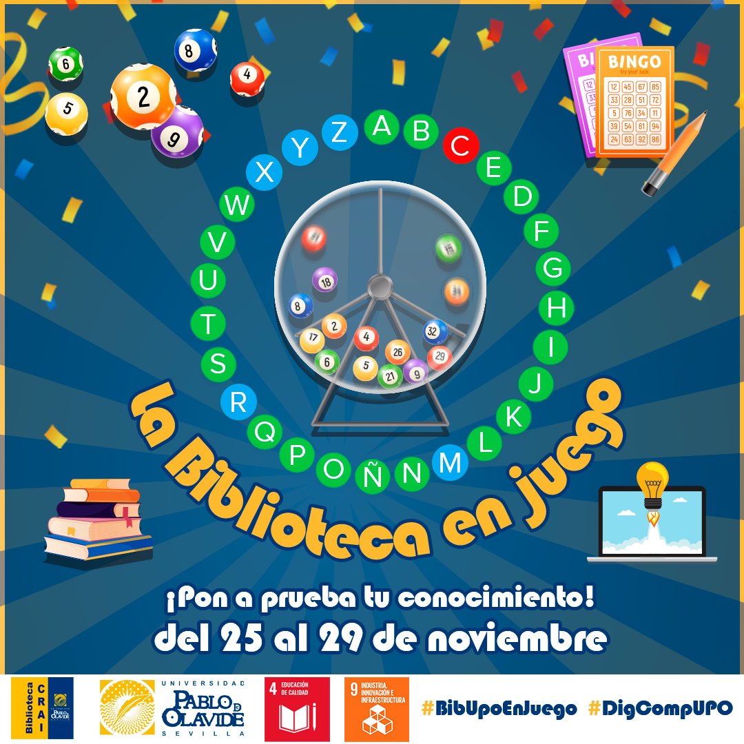 bibupo's tweet image. ¿Cuánto sabes de #BibUpo? 

Os proponemos 2⃣ juegos para demostrar cuánto nos conocéis y vuestro nivel de competencia digital.

¿Qué juegos?
🎱Bingo BibUpo
🔠Rosco pasapalabra

🗓️¿Cuándo?👉🏾Del 25 al 29 de noviembre
🎮¿Cómo participar? Sigue leyendo...🧵
#BibUpoEnJuego #DigCompUPO