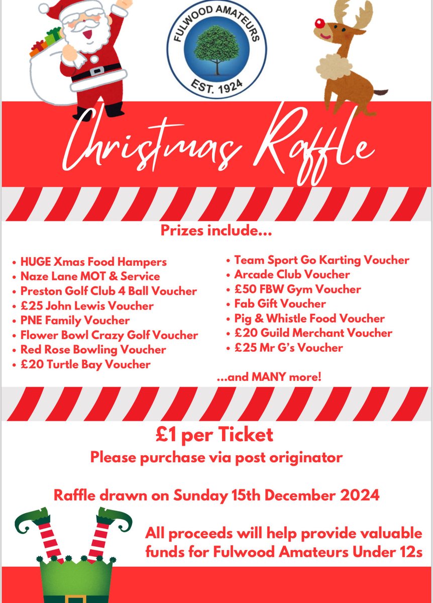 It’s time for the grand annual Fulwood Amateurs Whites Under Elevens Christmas raffle 🙌🏻⛄️🧑‍🎄🎄🎁  Gotta be in it to win it, and there are some cracking prizes 👌🏻⁦<a href="/Fulwoodams/">Fulwood Amateurs FC</a>⁩ ⁦<a href="/FulwoodAms1924/">Fulwood Amateur AFC</a>⁩ dm if you would like any tickets