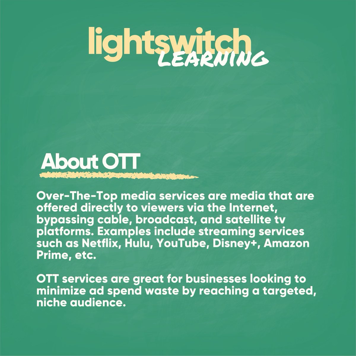 lightswitchbiz's tweet photo. Looking to target your audience via video beyond social media? Try streaming! Think of OTT (over-the-top media) like you do television, if television had more specific targeting capabilities.

Learn more at https://t.co/wUV20jfySN!

#videopartner #creativepartner #OTT https://t.co/M8FrszqbHF