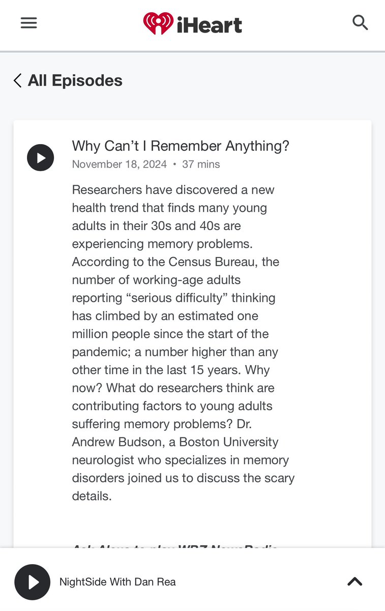 Our very own Dr. Andrew Budson was on NightSide with Dan Rea where he discussed challenges with memory for those as early as 30-40 Years old!

Listen to the episode for more helpful information on how to better manage your memory today! 🧠🧠

iheart.com/podcast/1002-n…