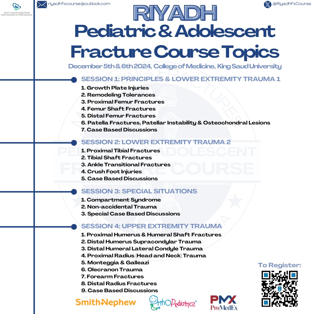 Get ready for the Riyadh Pediatric &amp; Adolescent Fracture Course!

Dive into essential topics like Growth Plate Injuries, Extremities Trauma, and much more.

📅 Full agenda is coming soon—stay tuned!

📩 Don’t wait—register now: forms.gle/oe2z5rN1dRZRFn…

#Orthopedics