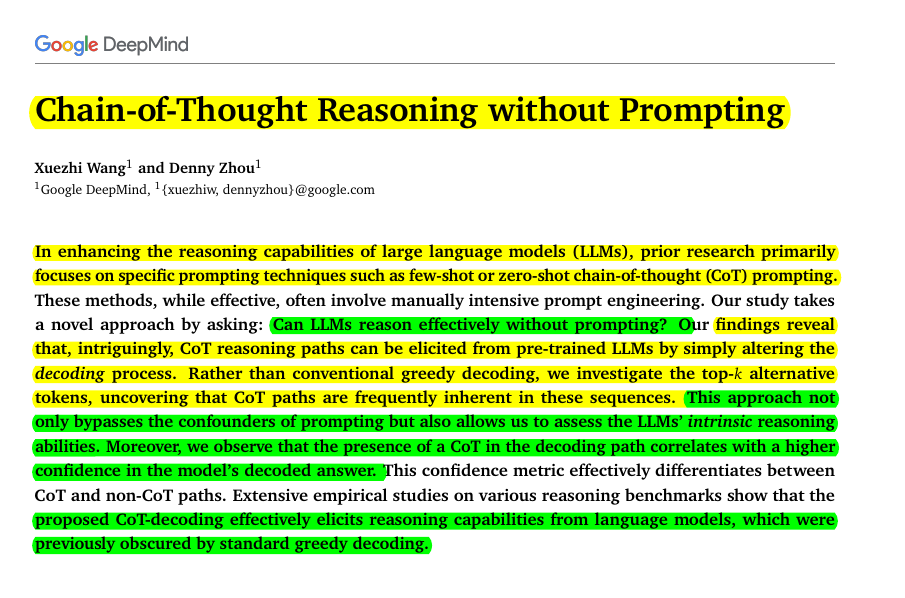 rohanpaul_ai's tweet image. Can LLMs reason effectively without prompting?

Great paper by @GoogleDeepMind 

By considering multiple paths during decoding, LLMs show improved reasoning without special prompts. It reveals LLMs&apos; natural reasoning capabilities.

LLMs can reason better by exploring multiple…