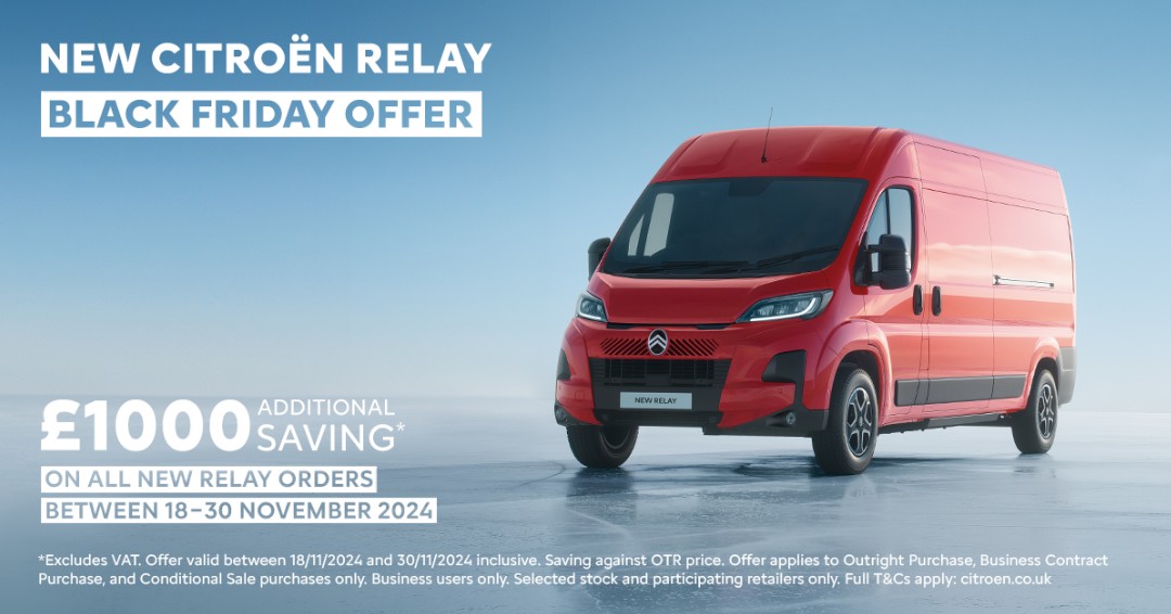 🚨 Black Friday Offer! 🚨

Get an extra £1,000 off all Citroën Relay orders from 18 to 30 November! 🎉 Don’t miss out – upgrade your van and save big!

Hurry, offer ends soon! T&amp;Cs apply.

📞 Call us today to secure yours!

#CitroenRelay #BlackFridayDeals