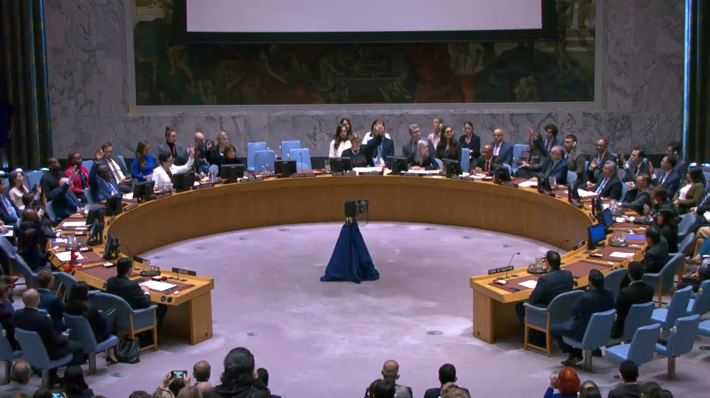 Security Council members vote on the draft resolution on the crisis in the Gaza Strip. 20 November 2024