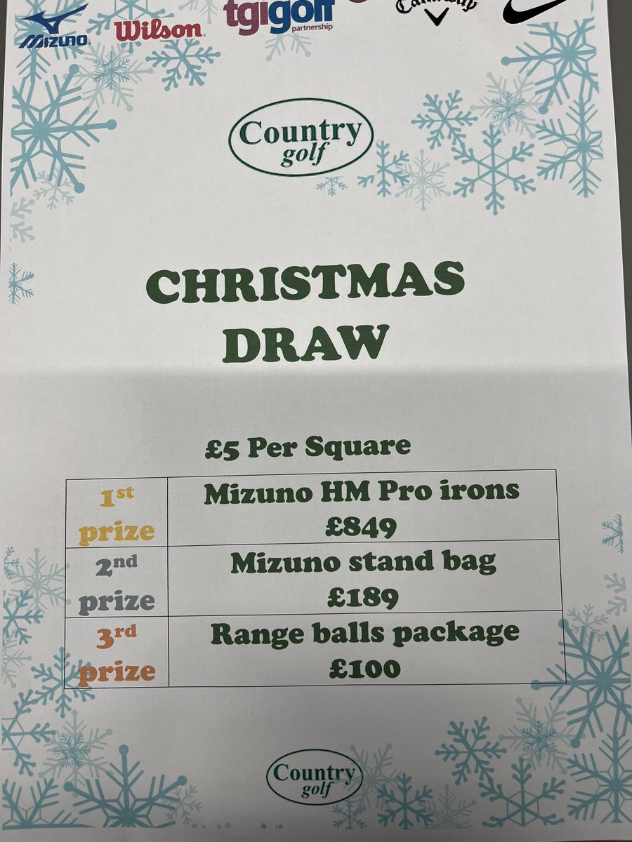 @CountryGolfHull (@countrygolfhull) on Twitter photo It’s Christmas Raffle Time!
Over £1200 Xmas Prize Draw!!
£5 PER SQUARE (100 Squares)!
1st Prize..Set of Mizuno HM Pro 923 irons (worth £849!!
2nd Prize. Mizuno
9” Stand Bag (£189)!
3rd Prize Range Bundle (£100)!
MessageDM for no’s!
<a href="/harrisonjohnboy/">John Harrison</a>
<a href="/JoeAllenbyGolf/">Joe Allenby</a> It’s Christmas Raffle Time!
Over £1200 Xmas Prize Draw!!
£5 PER SQUARE (100 Squares)!
1st Prize..Set of Mizuno HM Pro 923 irons (worth £849!!
2nd Prize. Mizuno
9” Stand Bag (£189)!
3rd Prize Range Bundle (£100)!
MessageDM for no’s!
<a href="/harrisonjohnboy/">John Harrison</a>
<a href="/JoeAllenbyGolf/">Joe Allenby</a>