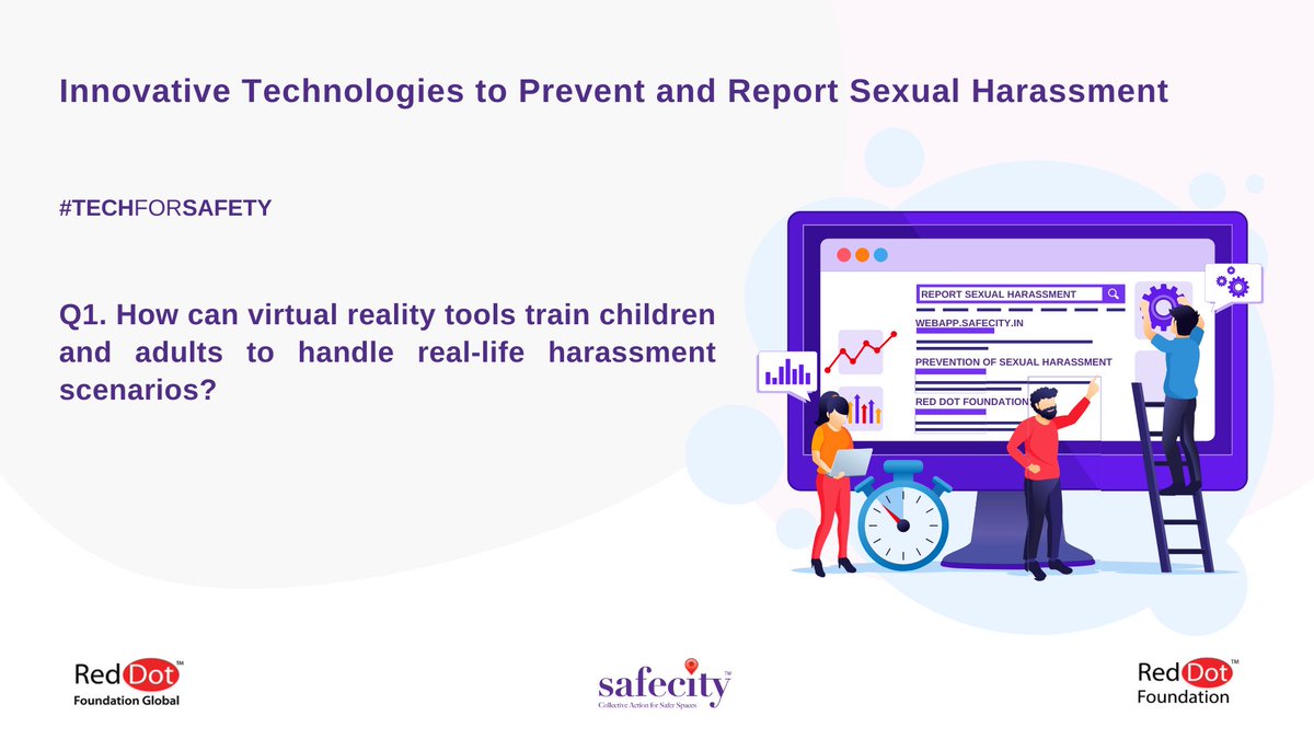 TheSafecityApp's tweet image. Let’s begin with the first question.
1. How can virtual reality tools train children and adults to handle real-life harassment scenarios?

- You can tweet your answers with the question number (e.g. A1, A2, A3)

- Use the hashtag #TechForSafety

#Safecity