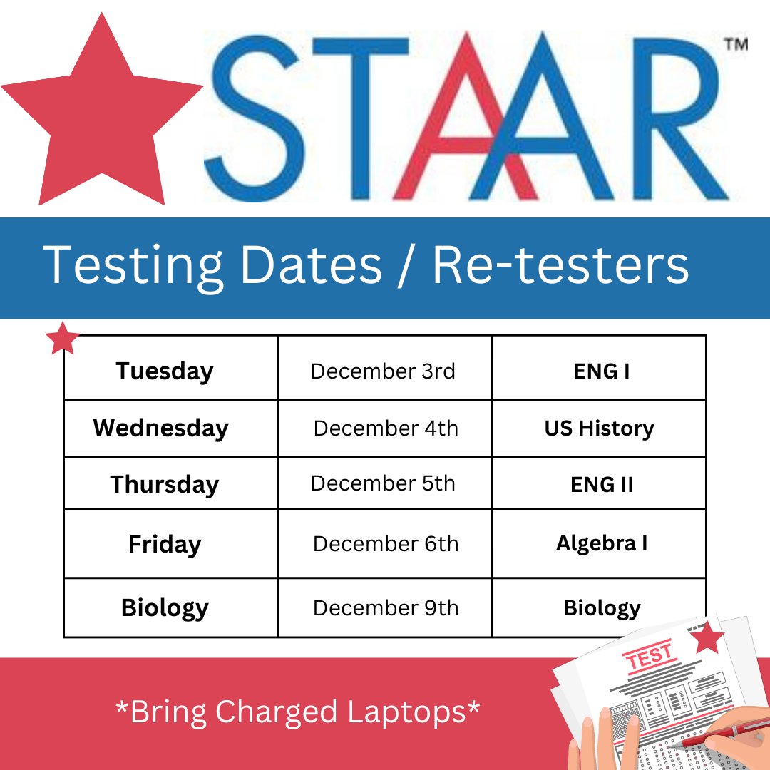 STAAR retesting starts on December 3rd, right after Thanksgiving break! Keep an eye on your inbox—testing details (date and location) will be sent out by Friday, November 22nd. Remember to come well-rested and bring a fully charged laptop! <a href="/yolandabruce01/">Yolanda</a>