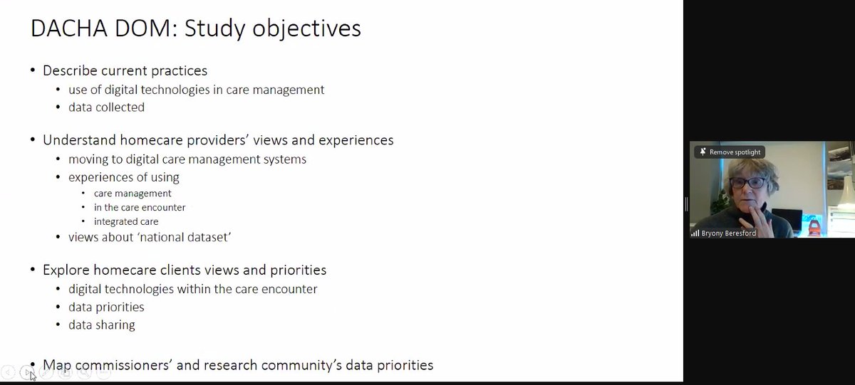 In the second presentation of the Home Care Research Forum, Professor Bryony Beresford talks about the views and experiences of homecare providers on digital care management systems, and the need to develop a dataset to fix the current issue with the 'data desert' #hcrf <a href="/hscwru/">HSCWRU</a>
