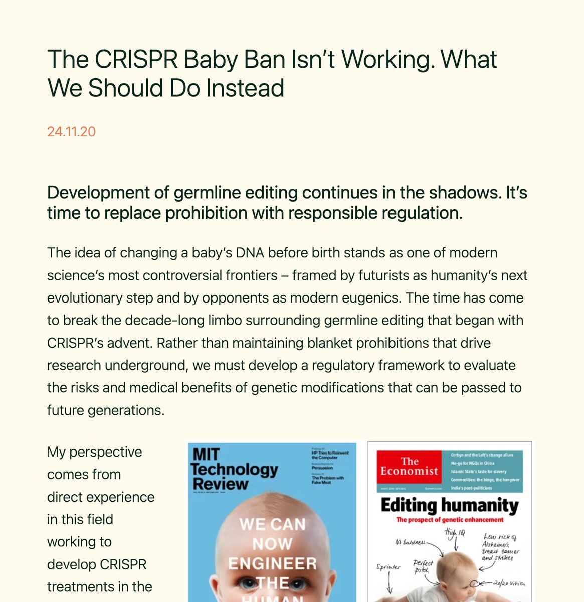 Controversial opinion: Banning germline editing hasn't stopped it from happening - it's just pushing it underground. 

Post on why we need a regulatory framework, not prohibition. Summary and link below 🧵