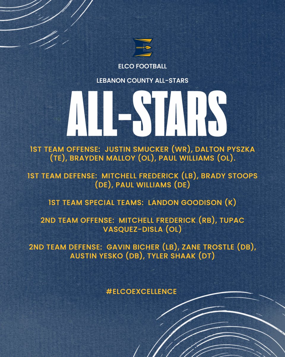 ELCO Athletics (@elcoathletics) on Twitter photo Congratulations to our <a href="/LebCoSports1/">LebCoSports.com</a> Football All-Stars! 🏈 #ElcoExcellence <a href="/elcosd/">ELCO School District</a> Congratulations to our <a href="/LebCoSports1/">LebCoSports.com</a> Football All-Stars! 🏈 #ElcoExcellence <a href="/elcosd/">ELCO School District</a>