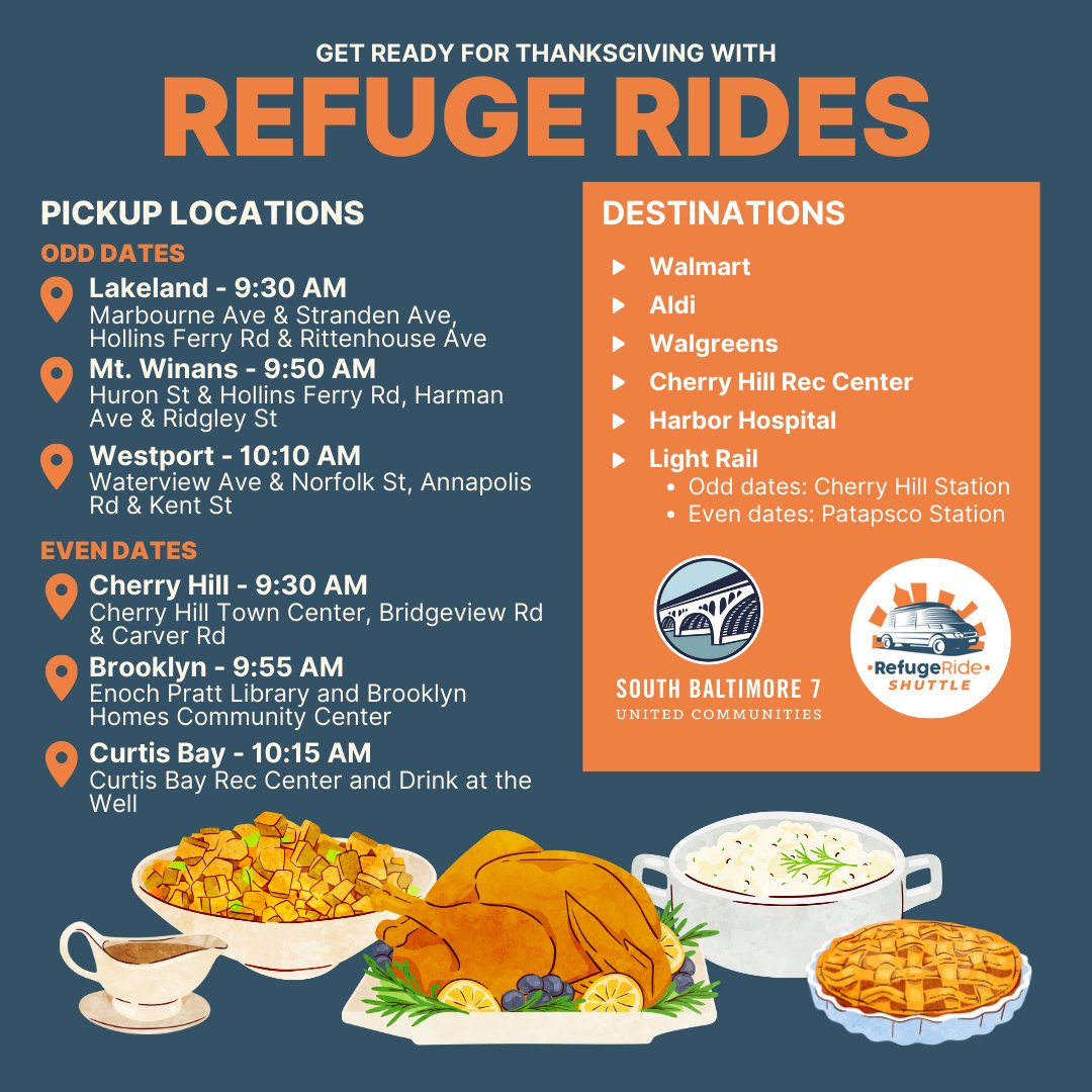 Do your Thanksgiving shopping with the help of Refuge Rides, brought to you by City of Refuge and the SB7 Coalition! This FREE shuttle connects South Baltimore neighborhoods to grocery stores and more🍂🥧

Book your ride: shorturl.at/EdN5J