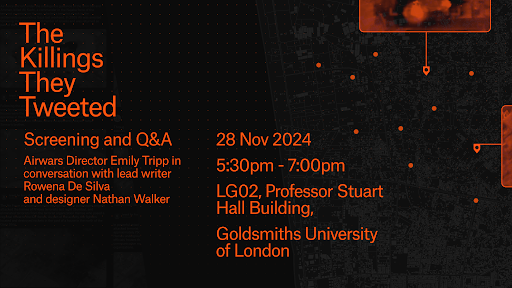 Next Thursday November 28th - Airwars screening of our short film The Killings They Tweeted at Goldsmiths.

Airwars' director <a href="/Emily_4319/">Emily Tripp</a> in conversation with investigators <a href="/desilva_rowena/">Rowena De Silva</a> &amp; <a href="/nwalkerdesign/">Nathan Walker</a>

Details: gold.ac.uk/calendar/?id=1…

The film: youtube.com/watch?v=esvn44…