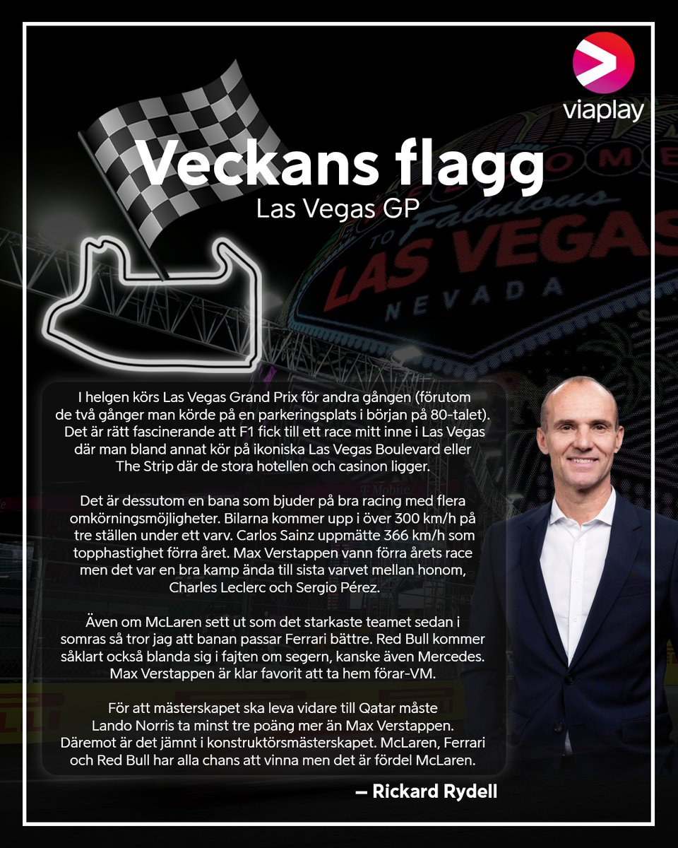Rickard Rydell inför Las Vegas GP: "McLaren har sett ut som det starkaste teamet sedan i somras men jag tror banan passar Ferrari bättre" 🏁

📺 Missa inte Las Vegas GP, hela helgen på Viaplay &amp; V sport motor
📺 Kval och höjdpunkter visas även på TV10