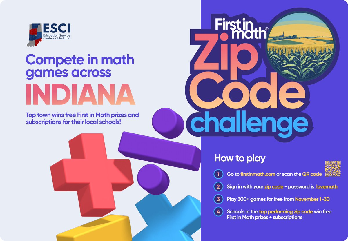 CIESCtweets's tweet image. We are entering the final stretch of the @FirstInMath Zip Code Challenge.
Don't stop now! Keep solving those math problems and boost your zip code to first place: firstinmath.com 
#FirstInMath #IndianaZipCodeMathChallenge #CooperativePrograms