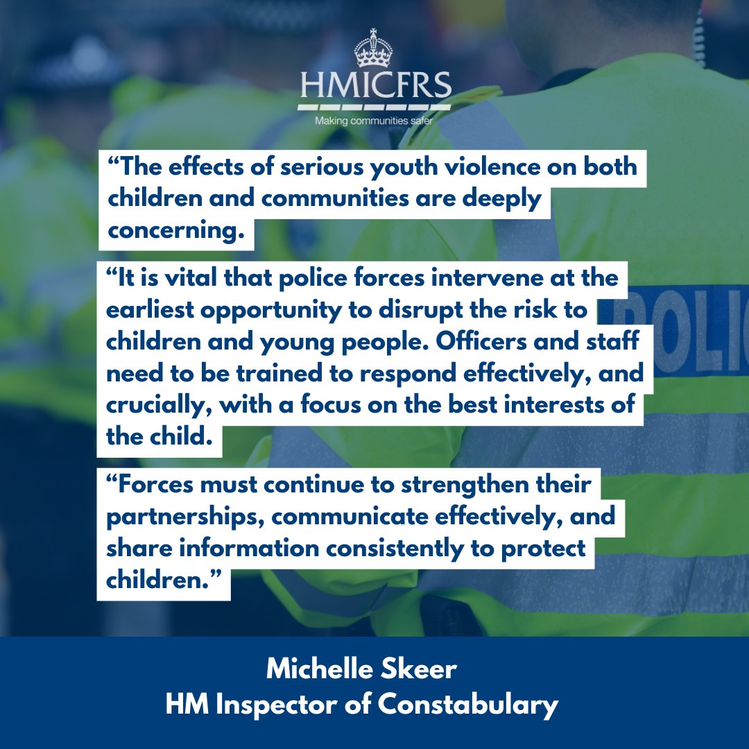 HMICFRS (@hmicfrs) on Twitter photo Alongside <a href="/Ofstednews/">Ofsted</a>, <a href="/CareQualityComm/">Care Quality Commission</a> and
<a href="/HMIProbation/">HM Inspectorate of Probation</a>, we've published a report that finds serious youth violence is affecting children across England and damaging communities.
<a href="/MSkeer_HMI/">HMI Michelle Skeer QPM OBE</a> sets out the importance of early intervention and training to reduce the risks faced⬇️ Alongside <a href="/Ofstednews/">Ofsted</a>, <a href="/CareQualityComm/">Care Quality Commission</a> and
<a href="/HMIProbation/">HM Inspectorate of Probation</a>, we've published a report that finds serious youth violence is affecting children across England and damaging communities.
<a href="/MSkeer_HMI/">HMI Michelle Skeer QPM OBE</a> sets out the importance of early intervention and training to reduce the risks faced⬇️