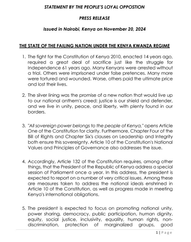skmusyoka's tweet photo. 1/2

STATEMENT BY THE PEOPLE’S LOYAL OPPOSTION

PRESS RELEASE

Issued in Nairobi, Kenya on November 20, 2024

THE STATE OF THE FAILING NATION UNDER THE KENYA KWANZA REGIME