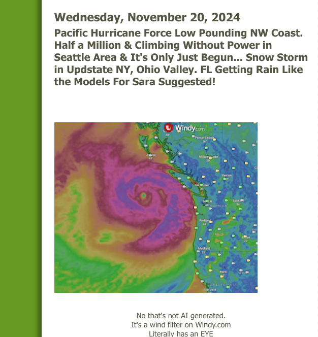 BobbiStorm's tweet photo. Raining in #Florida (like models said it would back when...) but the real #hurricane #weather with an #EYE is in NW Pacific Storm. #seattlepoweroutage Ohio Valley, Upstate NY getting #snow https://t.co/XLVVLmtkcS 2024 not stopping yet! https://t.co/95UpwhYfCY