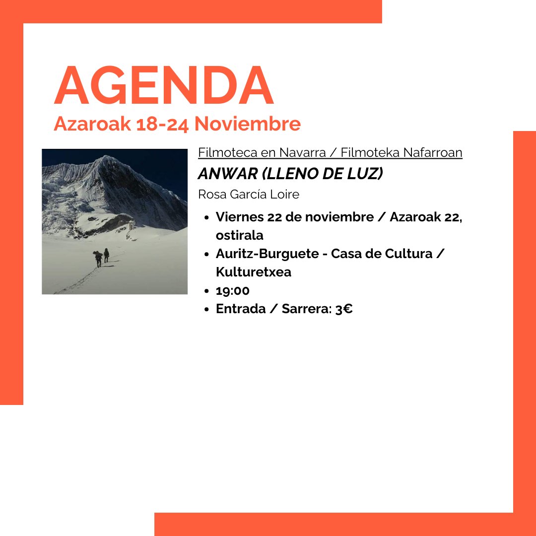 ‼️ AGENDA | Azaroak 18-24 Noviembre‼️

Esta semana, estreno en cines de la película Raqa y una doble sesión del ciclo Filmoteca en Navarra / Aste honetan, Raqa filma zinematan estreinatuko da eta Filmoteka Nafarroan zikloaren bi sesio.