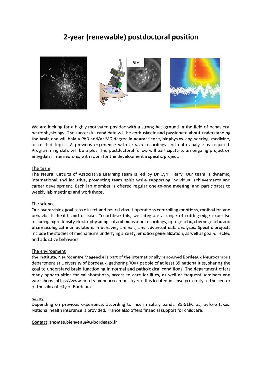 Thomas Bienvenu (@tbienvenu_mdphd) on Twitter photo 📢 HIRING 📢
I am offering a postdoc position to join the <a href="/CyrilHerrylab/">Cyril Herry Lab</a>. Come and be part of the outstanding <a href="/Neuro_Bordeaux/">Bordeaux Neurocampus</a> & <a href="/NCMagendie/">Neurocentre Magendie</a> community!
Thanks for you RT
<a href="/Inserm/">Inserm</a> <a href="/Fondation_BS/">Fondation Bettencourt Schueller</a> 📢 HIRING 📢
I am offering a postdoc position to join the <a href="/CyrilHerrylab/">Cyril Herry Lab</a>. Come and be part of the outstanding <a href="/Neuro_Bordeaux/">Bordeaux Neurocampus</a> & <a href="/NCMagendie/">Neurocentre Magendie</a> community!
Thanks for you RT
<a href="/Inserm/">Inserm</a> <a href="/Fondation_BS/">Fondation Bettencourt Schueller</a>