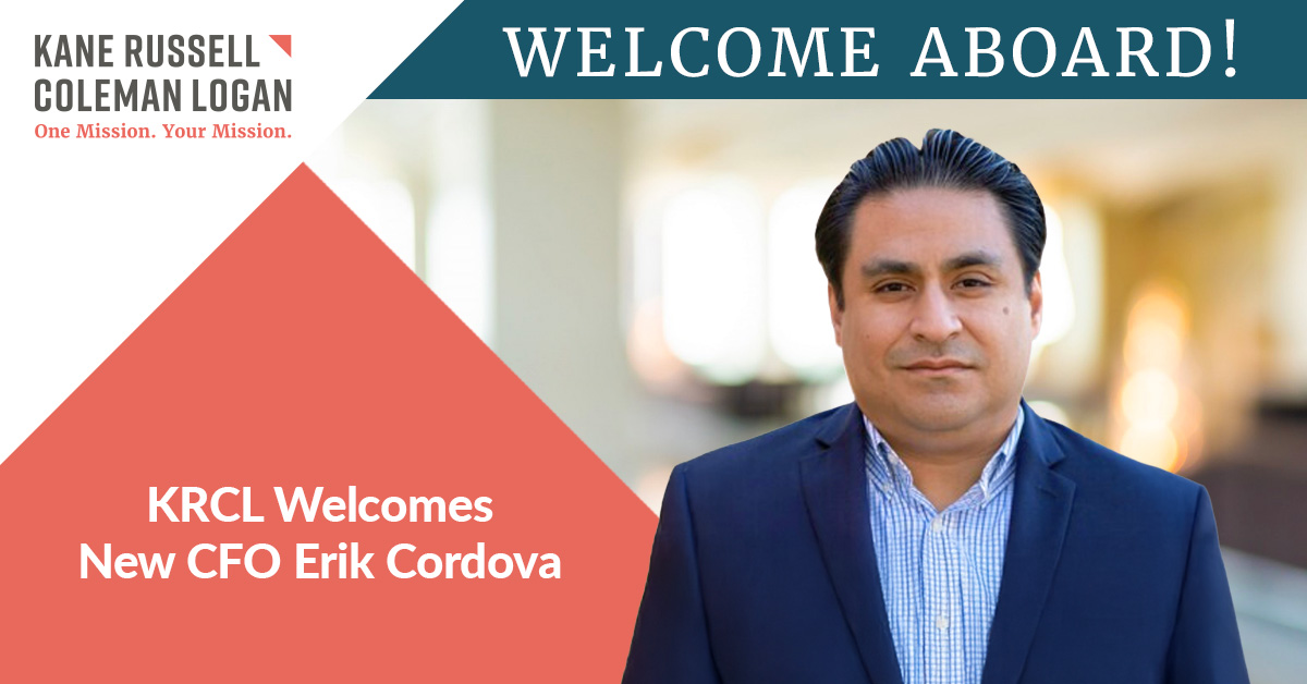 KRCLfirm's tweet photo. #KRCL welcomes Erik Cordova to the firm’s administrative team as our Chief Financial Officer and is delighted to add his wealth of law firm-specific knowledge to our ranks. https://t.co/LfDDyTDwhA One Mission. Your Mission. #WeAreKRCL https://t.co/tzUwitiboB