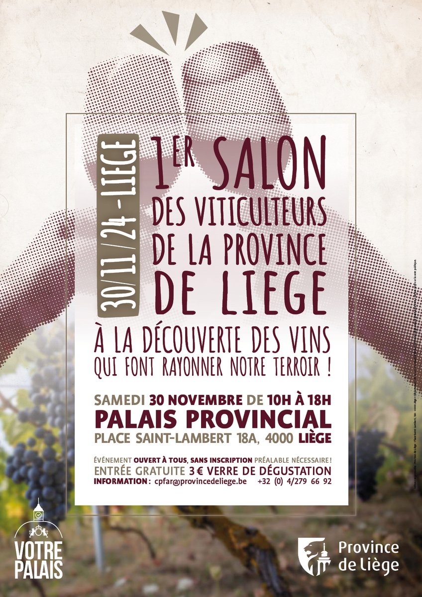 🍇1er Salon des viticulteurs de la #Province de #Liège 

L’événement est inédit : pour la première fois, une vingtaine de vignerons liégeois invitent le public à découvrir leurs vins
📌Samedi 30 novembre 10h-18h
📌Palais Provincial de Liège 
👉Infos: provincedeliege.be/fr/evenement/3…