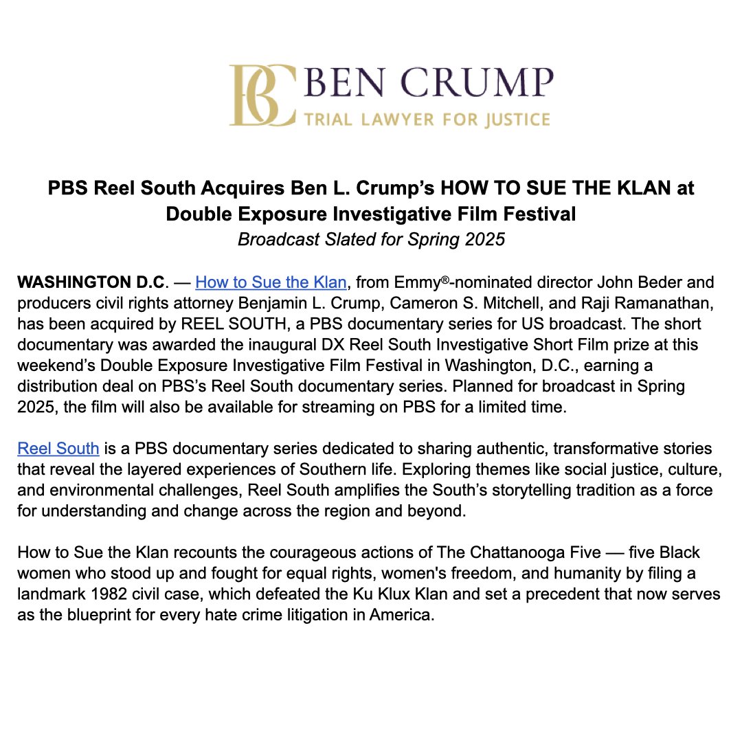 BenCrumpLaw's tweet photo. NEWS ALERT: How to Sue the Klan, from Emmy®-nominated director John Beder and producers @AttorneyCrump, Cameron S. Mitchell, and Raji Ramanathan, has been acquired by REEL SOUTH, a PBS documentary series for U.S. broadcast. https://t.co/26fLGK5JD0