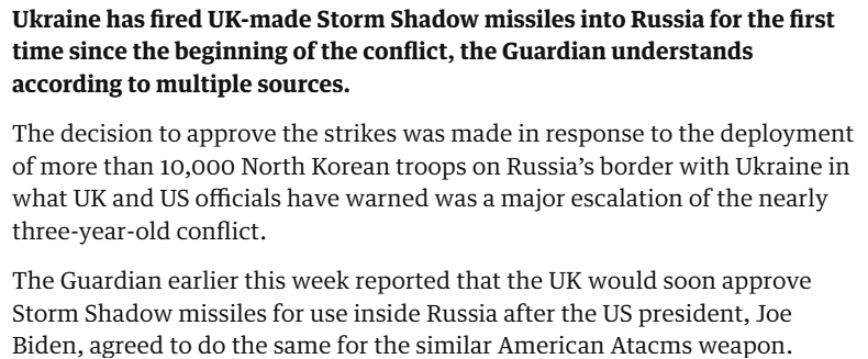 CNDuk's tweet photo. Reports that Storm Shadows are now being used in Russia is incredibly provocative from Britain. Starmer must explain this to the public. Yet another ratcheting up of tensions that risk going nuclear. De-escalate now! https://t.co/T3mnlrjf37