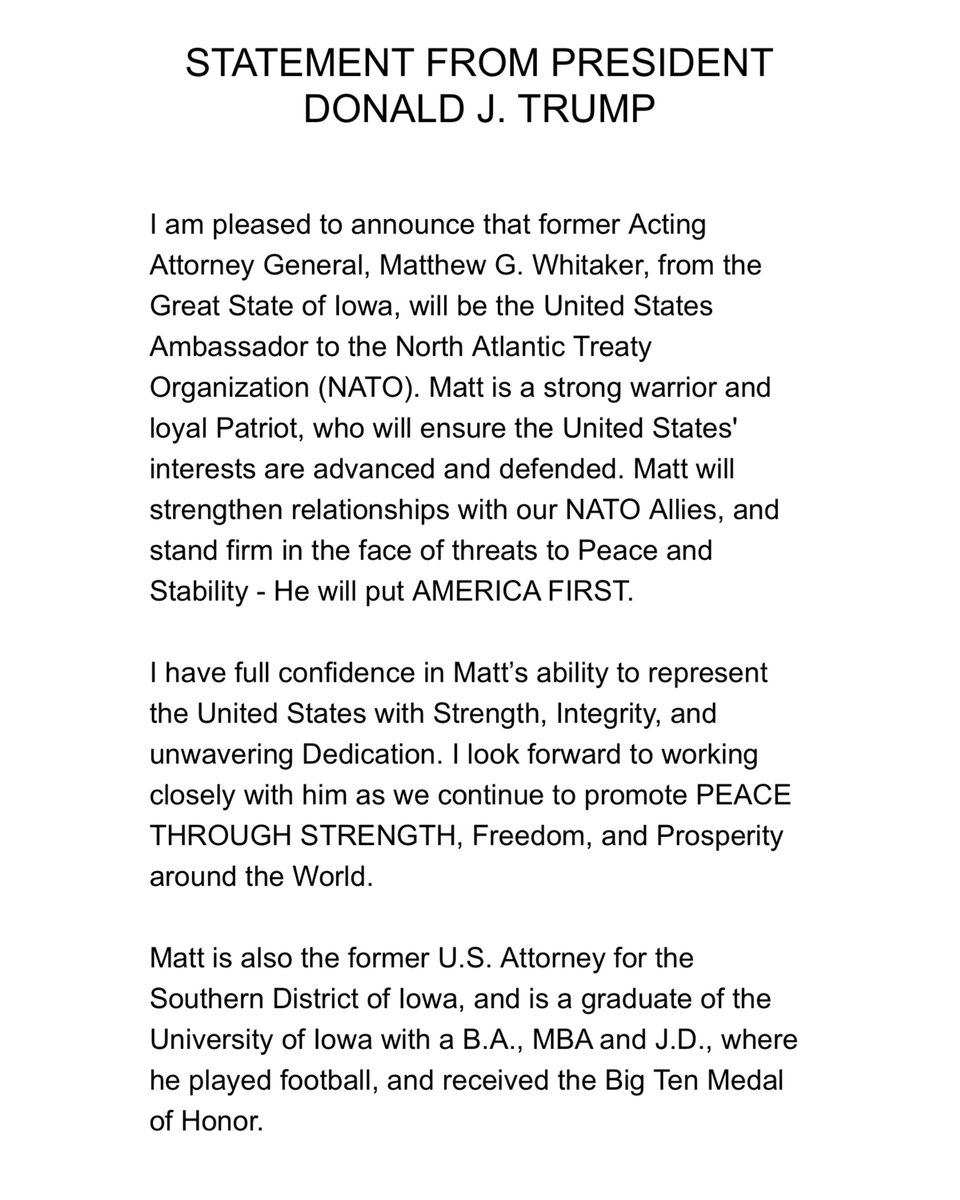 alx's tweet image. Donald Trump has named Matthew Whitaker Ambassador to NATO

Congrats @MattWhitaker46!