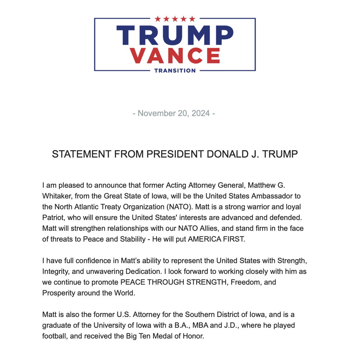 TrumpWarRoom's tweet image. 🚨 NEW: President Trump announces the nomination of @MattWhitaker46 to be U.S. Ambassador to NATO.