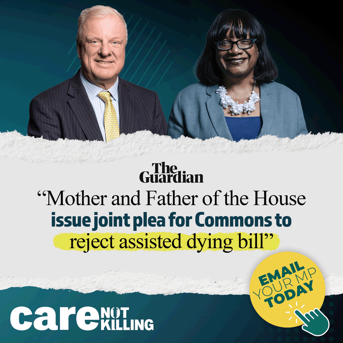 UK’s longest-serving MPs, <a href="/HackneyAbbott/">Diane Abbott</a> and <a href="/EdwardLeighGB/">Sir Edward Leigh MP</a> have issued a joint plea for MPs to reject the assisted dying bill.

"MPs must make laws based on their effect on every member of society, not just those whose profile gives them a prominent voice," they have said.