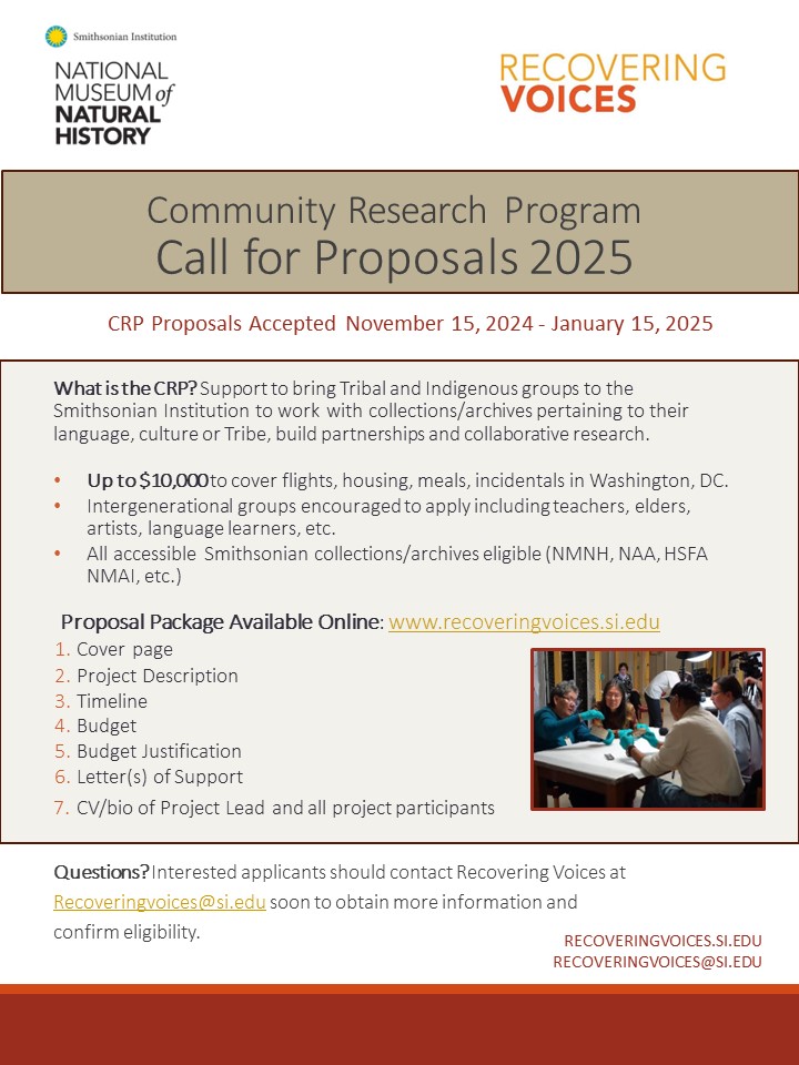Recovering Voices (@recovervoices) on Twitter photo We are thrilled to announce the 2025 Call for Community Research Program proposals. Eligibility and application requirements: recoveringvoices.si.edu Applications are accepted Nov 15, 2024 - January 15, 2025. Email us at RecoveringVoices@si.edu with any questions. We are thrilled to announce the 2025 Call for Community Research Program proposals. Eligibility and application requirements: recoveringvoices.si.edu Applications are accepted Nov 15, 2024 - January 15, 2025. Email us at RecoveringVoices@si.edu with any questions.