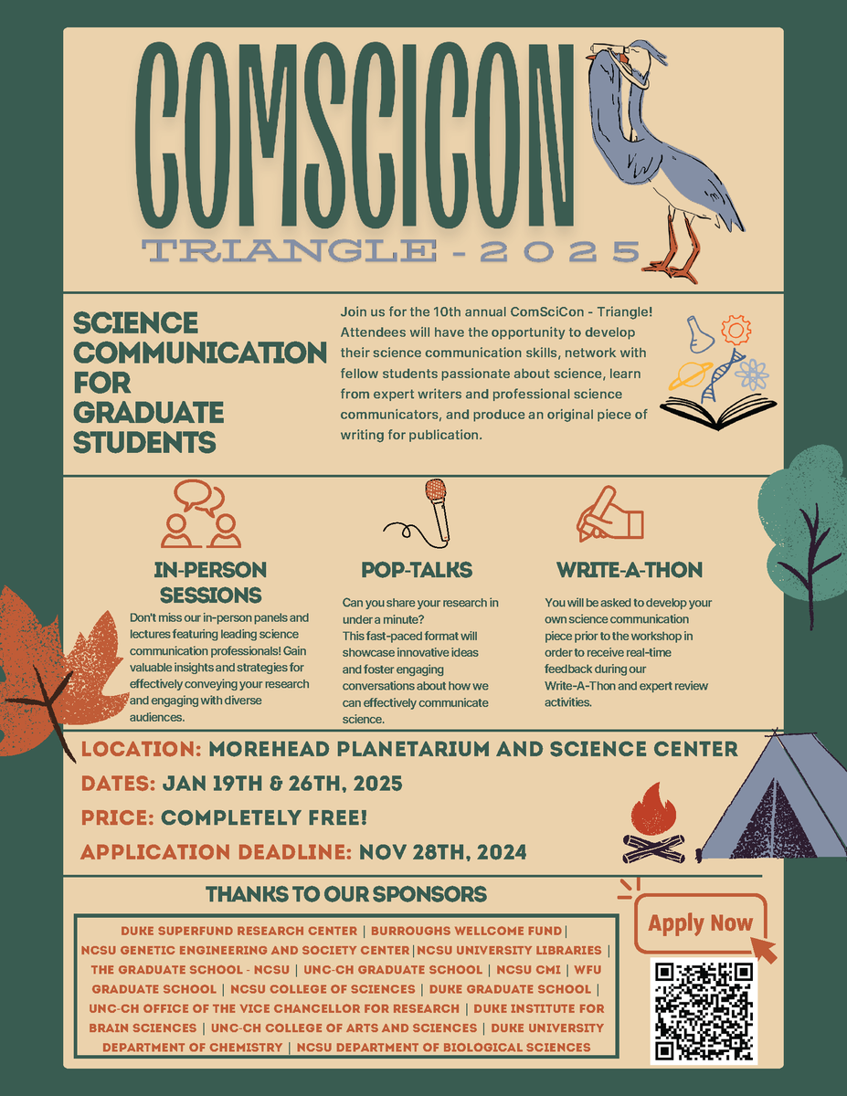 UNCMedRAC's tweet photo. Hi MedRAC folks! This event may be of interest to our community members: ComSciCon-Triangle 2025, January 19th and 26th at the UNC Morehead Planetarium and Science Center. Apply here by November 28: https://t.co/EHtDA59HGJ https://t.co/acmrb4XIen