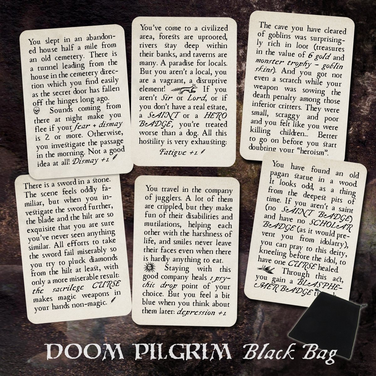 A sneak peek into the next DOOM PILGRIM thing. ⚔💀⚔  It will be a small bag with 192 random encounters on mini-cards, compatible with Doom Pilgrim  and DOOM PILGRIM Pocket which is live on the crowd sale campaign: thegamecrafter.com/crowdsale/doom…

#fantasy #boardgame #darksouls