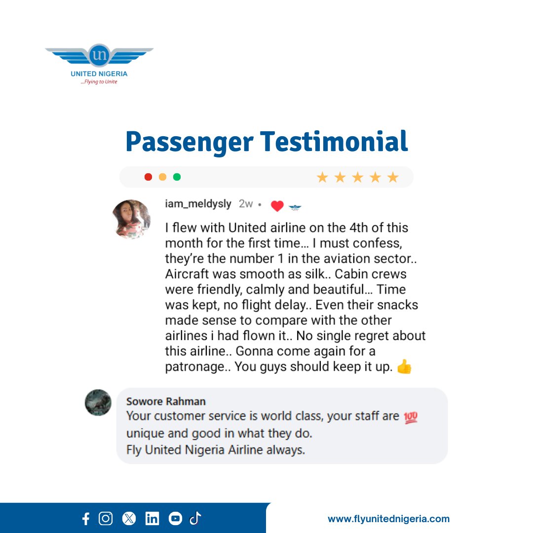 flyunitedng's tweet photo. Don’t forget to book your next ticket with us! ✈️

We are always ready to make every step of your journey satisfying and exciting. ⭐

#UnitedNigeriaAirlines #FlyUnitedNigeriaAirlines #FlyingToUnite #AMoreRewardingWayToFly #testimonialthursday #customertestimonial #testimonialtime