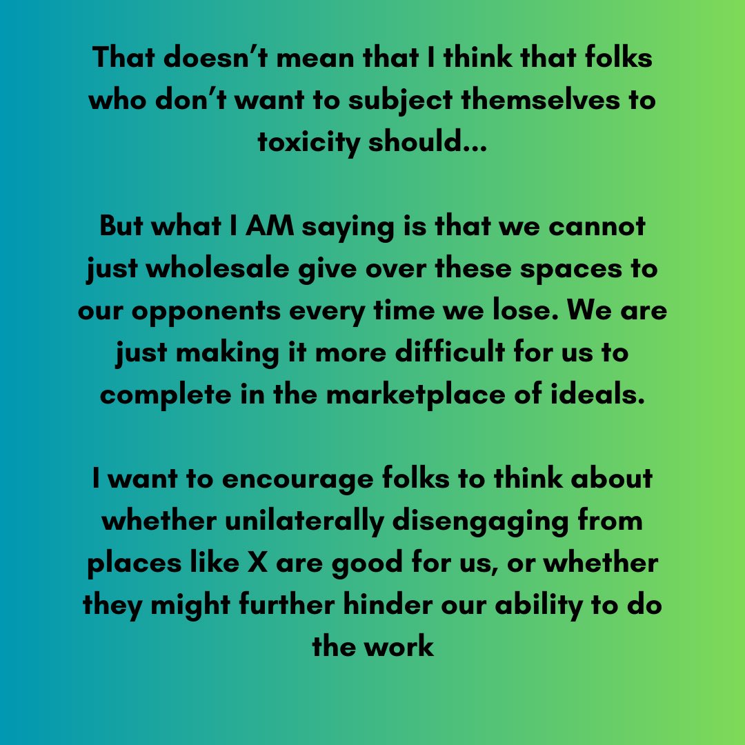 Just a little food for thought. I think we should have spaces we can talk like BlueSky, but I'm wondering if we should deplatform ourselves from other places like this one.

Seems like we've done that with other platforms in the past...and it hasn't really worked in our favor.