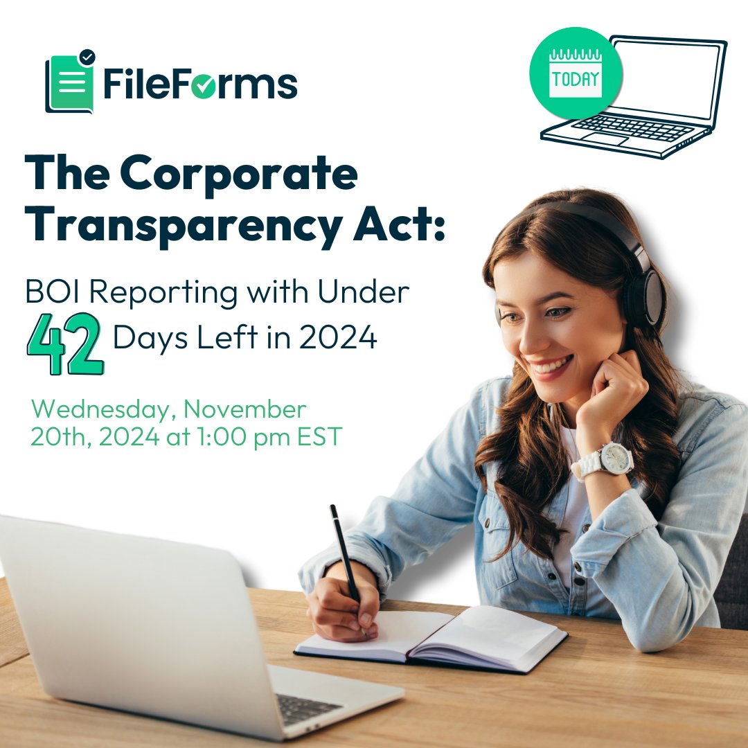 File_forms's tweet image. 🕒 The clock is ticking on #CTA compliance and businesses cannot afford to be behind the #BOI ball. With under 42 days left in 2024, join the FileForms team TODAY at 1 PM EST for an urgent webinar! Snag your last-minute spot here: bit.ly/3UZeqTk #FileForms #Business