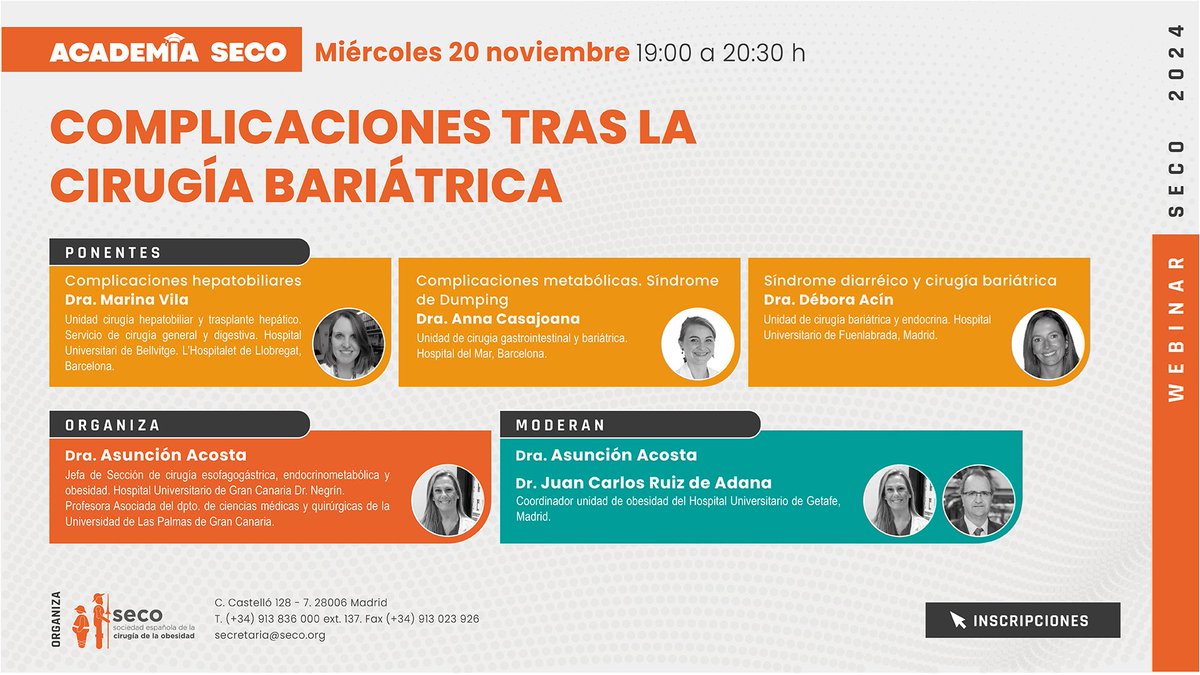 🚀¡Recuerda que esta tarde a las 19:00 pm se celebrará el webinar "COMPLICACIONES TRAS LA CIRUGÍA BARIÁTRICA" de #AcademiaSECO!
🔗Descubre toda la información a través del siguiente enlace:  seco.org/index.php/prof…

#cirugiabariatrica #bariatricsurgery