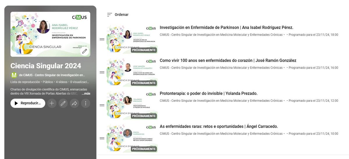 CiMUS (@cimususc) on Twitter photo Charlas para #CienciaSingular:
⏰ 10:00. Enfermidades raras. <a href="/GMXenomica/">GMXenomica</a>
⏰ 12:00. Protonterapia. Yolanda Prezado #Oportunius <a href="/axenciaGAIN/">Axencia Galega de Innovación</a>
⏰ 16:00. Como vivir 100 anos sen enfermidades do corazón. <a href="/JoseJuanatey/">José R. Juanatey</a>
⏰ 18:00. Investigación en Enfermidade de Parkinson. <a href="/Anai_rp/">Anairp</a> Charlas para #CienciaSingular:
⏰ 10:00. Enfermidades raras. <a href="/GMXenomica/">GMXenomica</a>
⏰ 12:00. Protonterapia. Yolanda Prezado #Oportunius <a href="/axenciaGAIN/">Axencia Galega de Innovación</a>
⏰ 16:00. Como vivir 100 anos sen enfermidades do corazón. <a href="/JoseJuanatey/">José R. Juanatey</a>
⏰ 18:00. Investigación en Enfermidade de Parkinson. <a href="/Anai_rp/">Anairp</a>