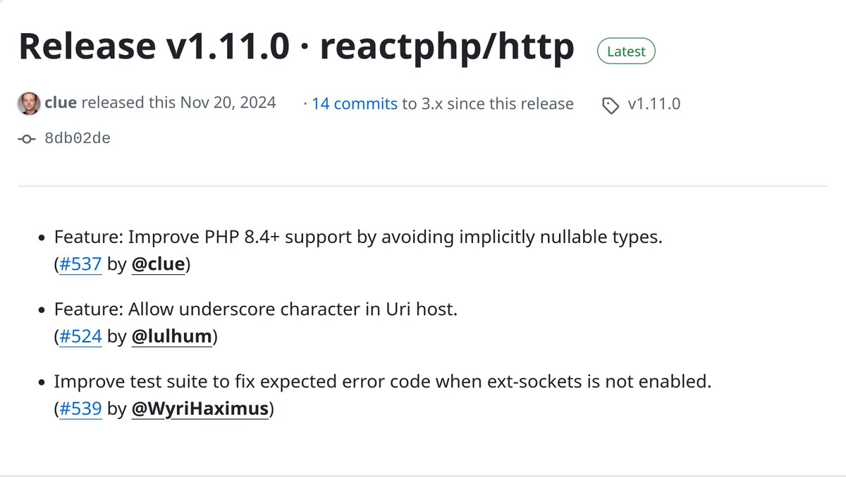 reactphp's tweet image. Just released v1.11.0 of our HTTP component! 🎉

Today&apos;s release introduces initial support for tomorrow&apos;s PHP 8.4 release, also allowing our downstream components to add compatibility for PHP 8.4 as well and some URI improvements.

github.com/reactphp/http/…

Enjoy #async #php! 🍻
