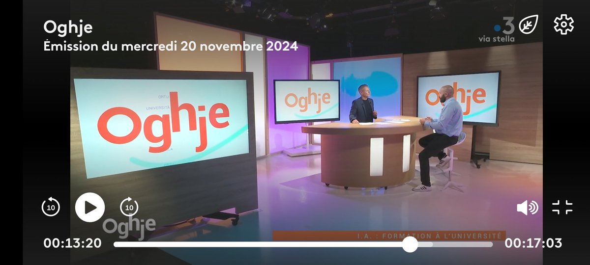 Merci à <a href="/FTViaStella/">France 3 Corse</a> pour leur invitation qui nous a permis de présenter les différentes formations ouvertes dans le cadre du #PIA_UNITI. Aujourd'hui plus que jamais <a href="/UnivCorse/">Università di Corsica</a> répond aux besoins du territoire pour la montée en compétence des acteurs dans le domaine de l'IA.